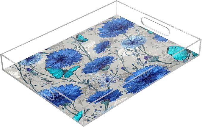 Serving Tray with Handles Clear Acrylic Tray 12x16 Inch Decorative Rectangular Tray Organizer for Ottoman Coffee Table Bathroom Vintage Blue Cornflowers and Turquoise Butterflies