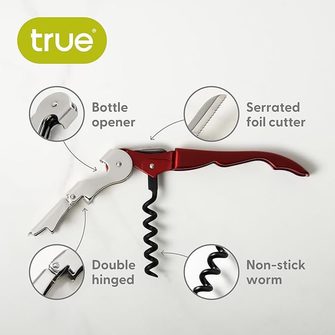 True Brands TrueTap Double Hinged Waiters Corkscrew, Top-notch Stainless Steel Opener with Foil Cutter Built to Last Wine Key Metallic Red, Set of 1
