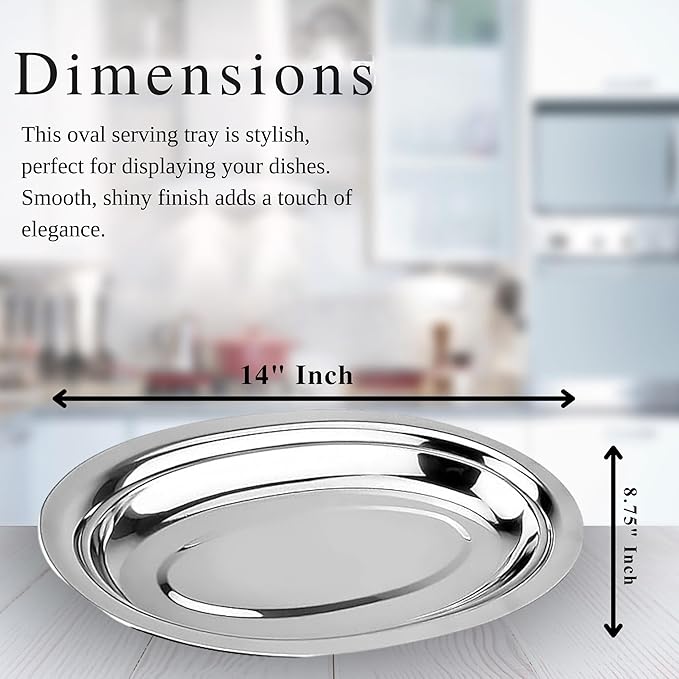 Chandler Stainless Steel Serving Tray - Oval Silver Food Tray - 3 mm Thick, Unbreakable - Anti Rust Serving Platter - Dinner Trays - Dishwasher Safe Kitchen Tray (Silver, 14 Inches)