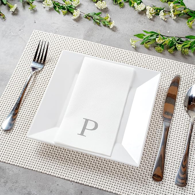 Luxenap 15.8 X 7.9 Inch Linen-Feel Guest Towels, 2000 Lettered Hand Towels - Silver Letter 'P', Sans Serif Font, White Paper Dinner Napkins, airlaid, For Restrooms And Tables - Restaurantware