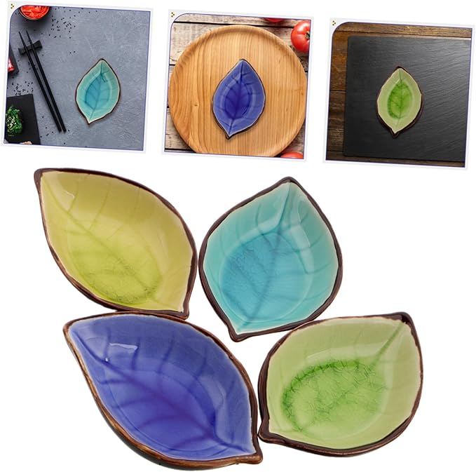 4pcs Leaf Shape Ceramic Appetizer Plates with Unique Crackle Glaze for Dipping Sauces Sushi Desserts and Snacks Multi-color for Home and Party Use