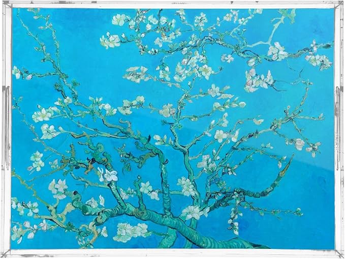 Serving Tray with Handles Clear Acrylic Tray 12x16 Inch Decorative Rectangular Tray Organizer for Ottoman Coffee Table Bathroom Van Gogh Almond Blossoms Blue