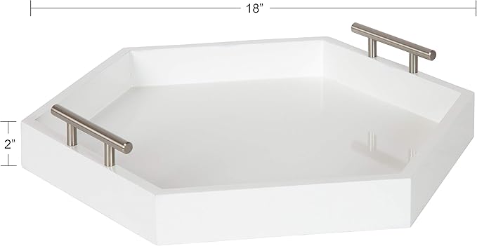 Kate and Laurel Lipton Modern Hexagon Tray, 18 x 18, White and Silver, Decorative Tray for Storage and Display