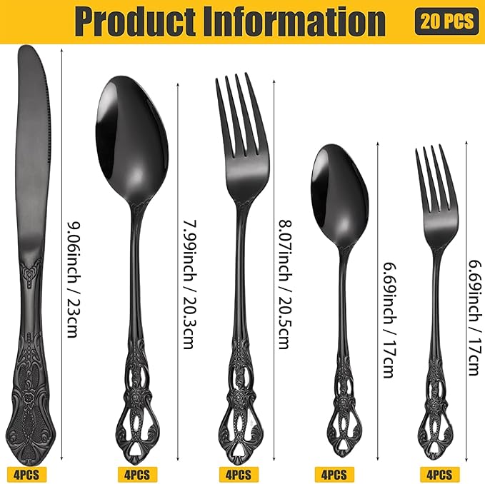 Vilihkc Gorgeous Retro Royal Stainless Steel 20 Pieces Flatware Set, Silverware Set, Anti-rust Stainless Steel Cutlery Set Utensils Including Fork Spoon and Knife