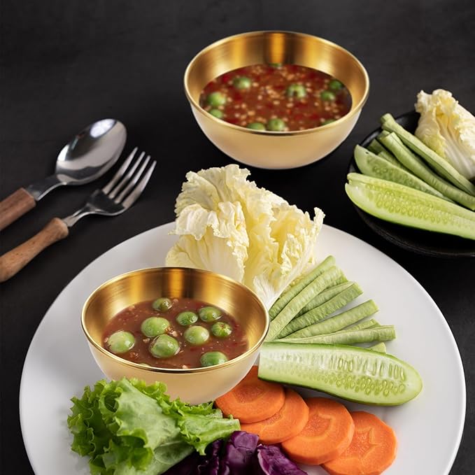 Stainless Steel Sauce Dishes,4 Pack Dipping Bowls,Small Bowls for Side dishes, Appetizer,Dip,Sushi.Reusable and Dishwasher Safe (4, Golden)