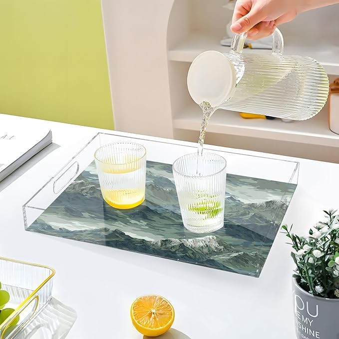 Serving Tray with Handles Clear Acrylic Tray 12x16 Inch Decorative Rectangular Tray Organizer for Ottoman Coffee Table Bathroom Green Camounflage Mountain