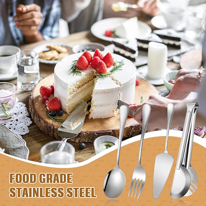 19 Pieces Serving Flatware Set Including Stainless Steel Spatulas, Forks, Spoons, Perforated, Soup, Skimmers Spoon, Buffet Tongs, Heavy Duty Serving Tongs for Home(Silver)