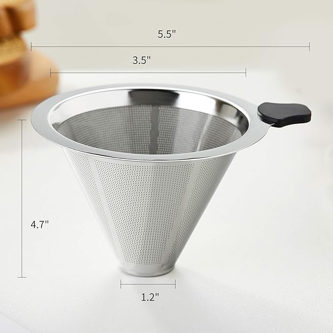 Pour Over Coffee Dripper, Fine Mesh Double Layer Stainless Steel Coffee Filter, Metal Cone Pour Over Coffee Filter Single Cup Coffee Maker 1-2 Cup