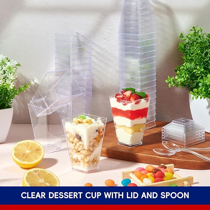 JOLLY CHEF 100 Pack 3 oz Mini Dessert Cups with Spoons and Lids, Square Tall Clear Plastic Parfait Appetizer Cup Small Serving Bowl for Party Desserts