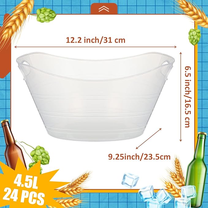 Norme 24 Pcs Oval Storage Tub with Handles 4.5L Plastic Ice Bucket, Wine, Beer, Champagne Drink Cooler for Parties, Beverage Storage Basket(Clear)