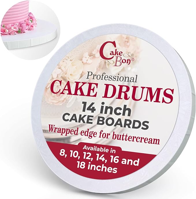 Cakebon Round Cake Boards - Sturdy 1/2 Thick Drums - 14 Inch Professional Fully Wrapped Edges White 12-Pack