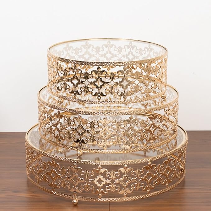 Efavormart Set of 3 Metal Cake Stands 10", 12", 14" Baroque Ornate Design with Glass Top Gold - Stackable Dessert Display Trays