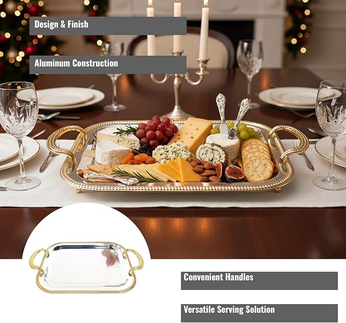 Rectangular Serving Tray Silver with Handles for Parties, Large Metal Tray for Serving Food and Drinks, European Style Tray