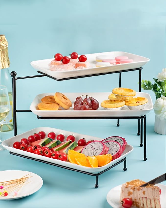 3 Tiered Serving Tray with White Porcelain Platters,Tiered Serving Stand Food Display Stand, Tiered Serving Trays & Platters, Rotatable Foldable Rectangular Plates for Dessert, Brithday Party & Events