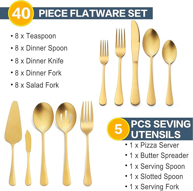 Vesteel 45 Pieces Gold Silverware Set with Serving Utensils, Stainless Steel Modern Flatware Cutlery Set for 8, Eating Utensils Tableware Include Forks Knives Spoons, Mirror Polished
