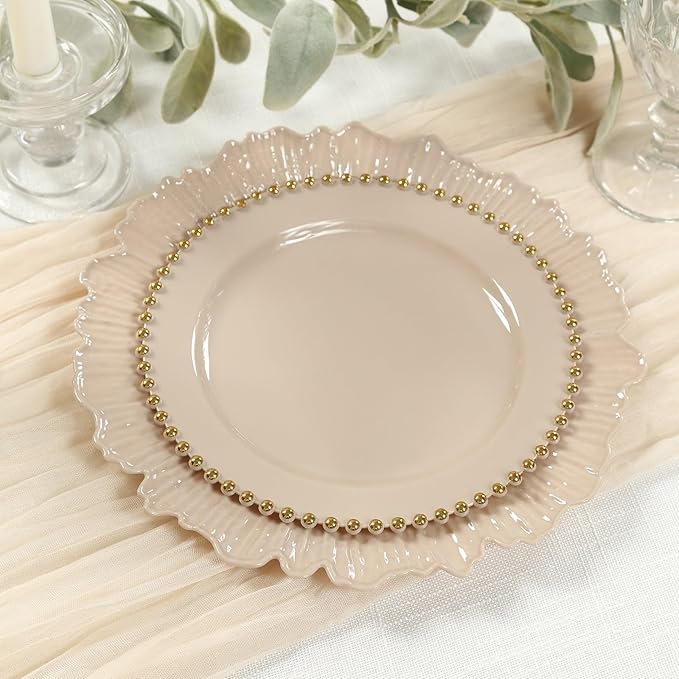 8" Salad Plates - Set of 20 - Plastic Taupe Round Disposable Dessert Appetizer Plate with Gold Beaded Rim, Ideal for Dinner Party Wedding Bulk Events