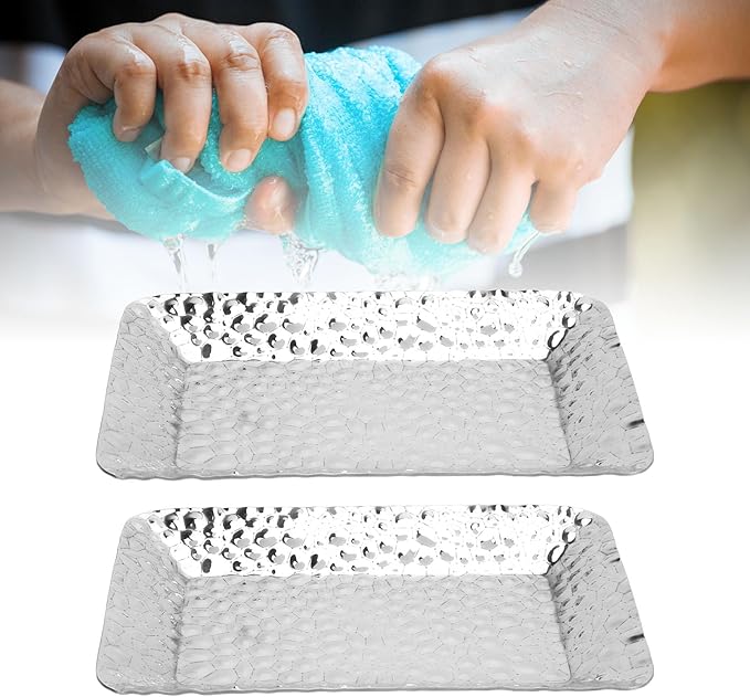 2PCS Stainless Steel Towel Tray, Rectangular Serving Tray, Decorative Vanity Platter for Bathroom Kitchen Counter Storage Organizer, Silver