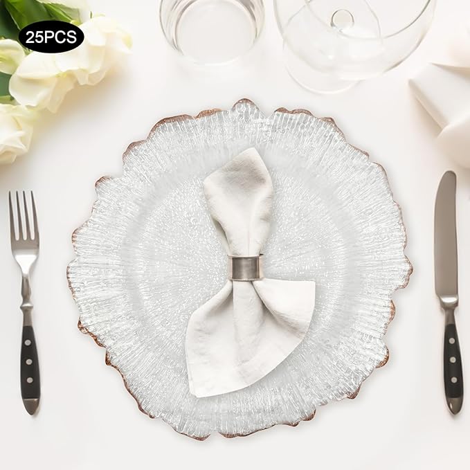 25 Pcs Reef Charger Plates Bulk Clear with Rim,Plastic Floral Charger Plates for Dinner Wedding Service Table Plate for Parties 13 inch(25pcs-Pink-2)