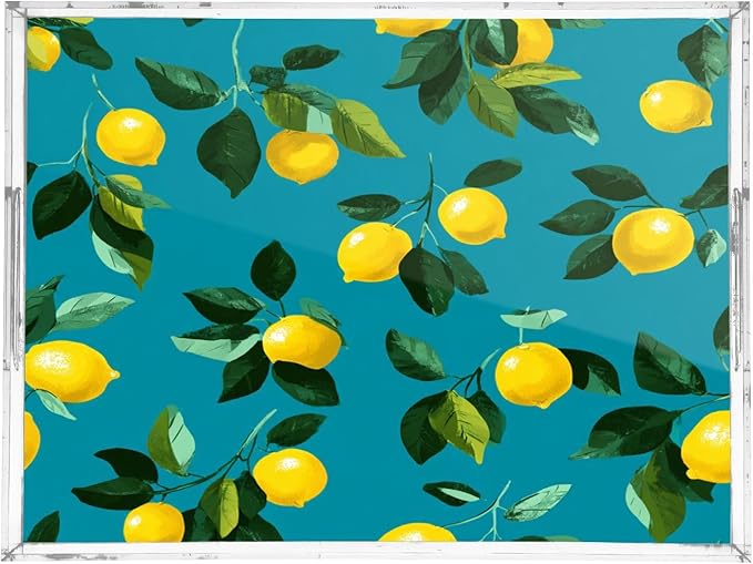 Serving Tray with Handles Clear Acrylic Tray 12x16 Inch Decorative Rectangular Tray Organizer for Ottoman Coffee Table Bathroom Teal Lemons