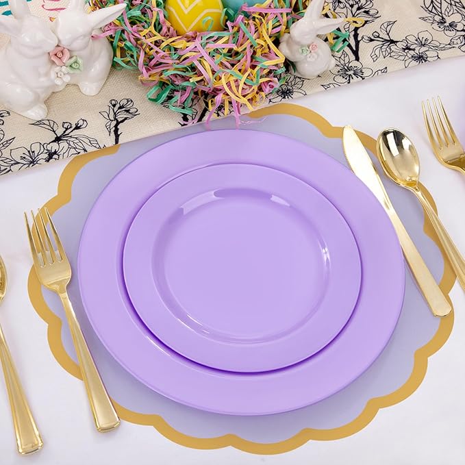 100 Pcs Purple Paper Placemats 13.5 Inch Disposable Scalloped Colorful Pastel Round Table Place Mats with Gold Edges, Decorative Colors Mats for Birthday Wedding Bridal Shower Banquet Tea Party