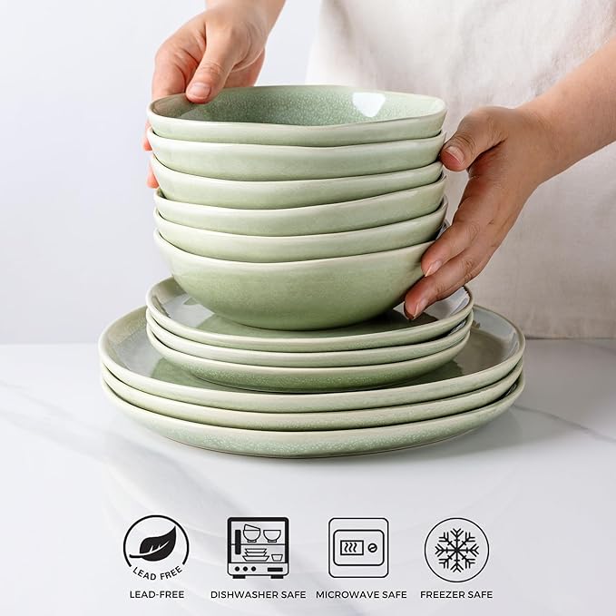 AmorArc Ceramic Cereal Bowls Set of 6, 24 oz Handmade Stoneware Bowls for Cereal Soup Salad Bread, Stylish Kitchen Bowls for Meal, Dishwasher & Microwave Safe-Olive Green