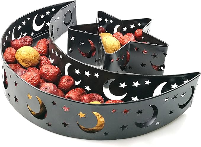 Eid Mubarak Moon Star Tray, Ramadan Decoration Ramadan Trays, Muslim Wooden Plate Tray Moon Star Shaped Food Fruit Serving Tray, Eid Mubarak Dessert Tray for Ramadan Festival Party(Golden A1)