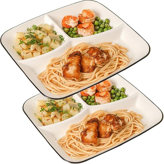 10inch Ceramic Divided Plates Set of 2,3 Compartment Portion Control Plate,Reusable Bariatric Plate for Adults,White Dinner Plates for Balanced Meal,Rectangular Porcelain Serving plates