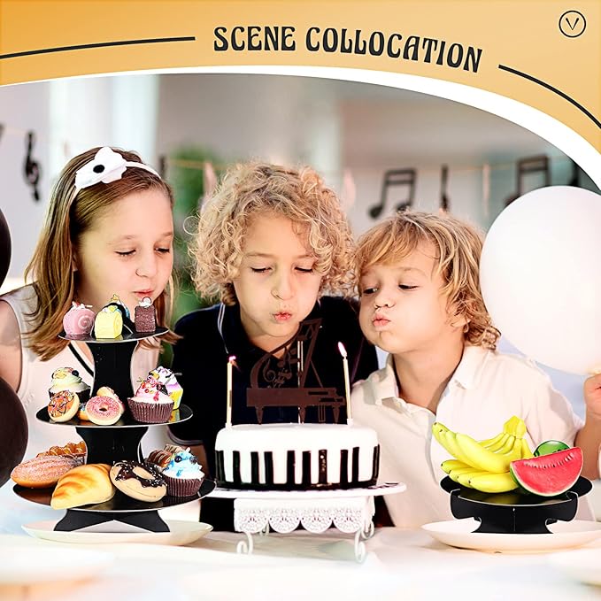 Zopeal 7 Pcs Dessert Table Display Set 3-Tier Cupcake Stand 1-Tier Cup Cake Display Tower Platters and Serving Trays Cardboard Cake Cookie Holders for Wedding Birthday Party Baby Shower(Black)