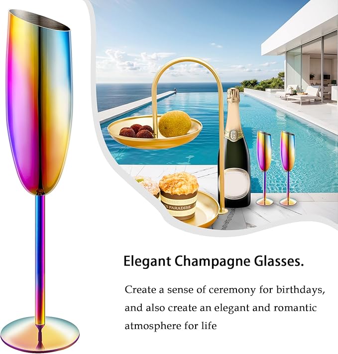 Champagne Flutes Set of 4, Premiumty Stainless Steel High Footed Champagne Glasses, 7oz Capacity,Unbreakable Slanted Champagne Glasses