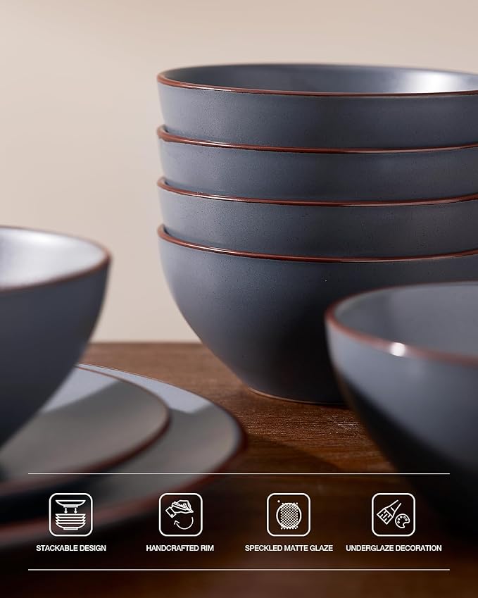 Famiware Venus Speckled Dinnerware Set with Pasta Bowls, Service for 6 (24 Pieces), Stoneware Plates and Double Bowls Sets, Microwave & Dishwasher-Safe Dishes with Trim, Matte Charcoal
