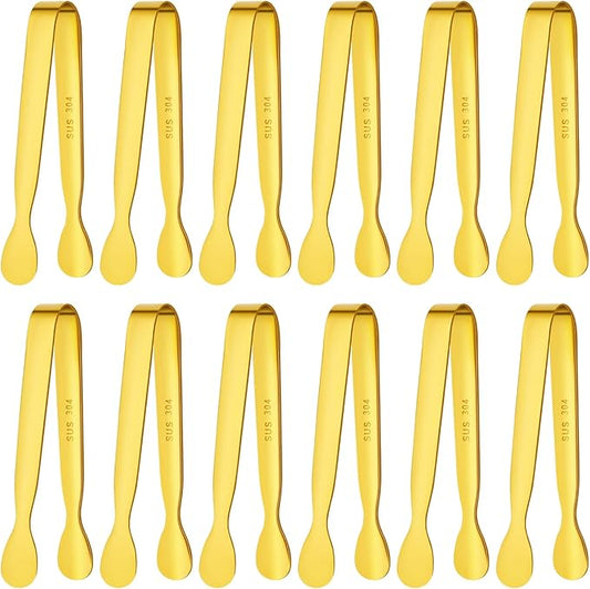 BEWOS 12Pcs Mini Serving Tongs - 4.3 Inch 304 Stainless Steel Ice Tongs, Gold Serving Tongs for Charcuterie Boards Accessories Serving, Coffee Bar, Tea Party, Desserts Banquet and Ice Bucket
