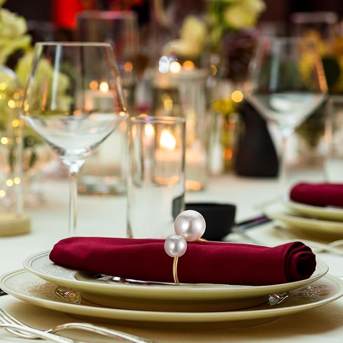 50 Pcs Pearl Napkin Rings, Gold Napkin Ring Holders Elegant Delicate Serviette Ring Buckle for Wedding Gathering Birthday Banquet Party Business Dinner Formal or Casual Dining Table Decor