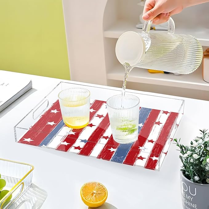 Serving Tray with Handles Clear Acrylic Tray 12x16 Inch Decorative Rectangular Tray Organizer for Ottoman Coffee Table Bathroom Red and Blue Stars Independence Day01