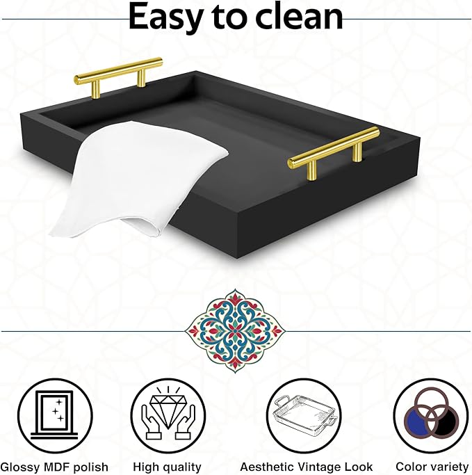 Coffee Table Tray - with Gold and Silver Metal Handles for Serving, Home Decor, Bathroom, Ottoman Design, Wooden Tray 16x12in (Black)