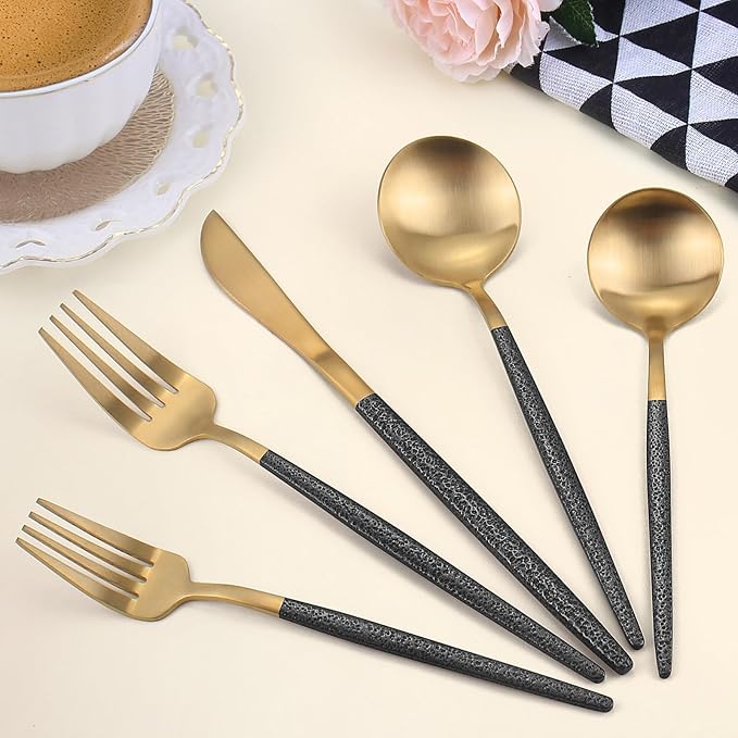 20-Piece Silverware Set for 4, Gold Flatware With Black Handle, Durable 18/8 Stainless Steel Kitchen Eating Tableware, Includes Fork Knife Spoon, Dishwasher Safe