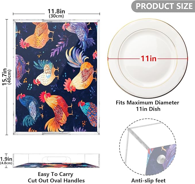 Serving Tray with Handles Clear Acrylic Tray 12x16 Inch Decorative Rectangular Tray Organizer for Ottoman Coffee Table Bathroom Rooster Spring Blue