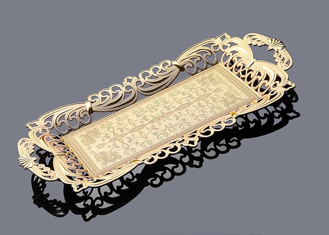 Turkish Tea Coffee Serving Tray with Handles Ottoman Decorative (Gold)