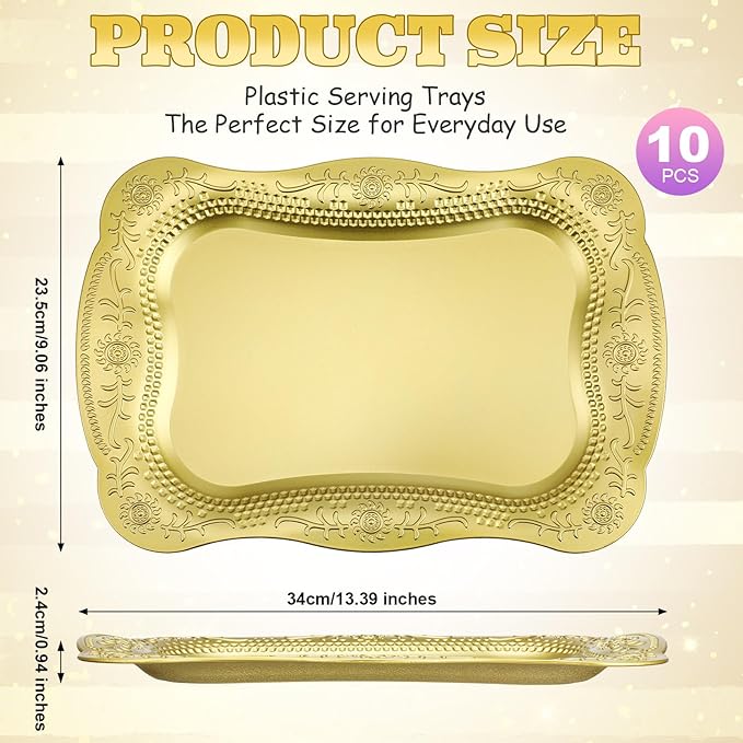 Layhit 10 Pcs Plastic Serving Trays 13" x 9" Rectangle Platters for Dessert Display Tray for Decoration Embossed Serving Platter Dish for Parties, Weddings, Engagements, Birthdays (Gold)