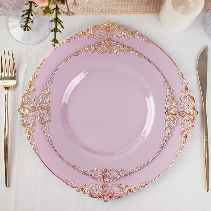 8" Salad Plates -Set of 10 - Plastic Lavender Lilac Round Baroque Disposable Chargers Leaf Embossed Rim, Ideal for Dinner Party Wedding Bulk Events