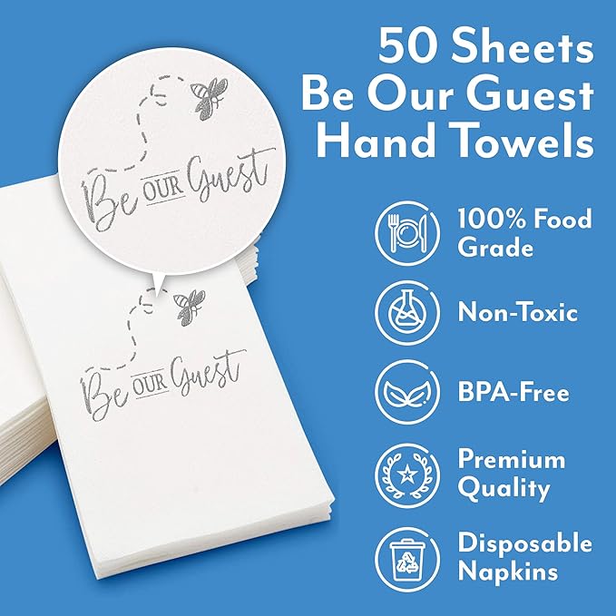 AMERICAN HOMESTEAD Disposable Hand Towels for Bathroom - Decorative Be Our Guest Silver Design - Linen-Like Guest Napkins for Events, or Dinner Parties - Paper Towels - 15.5" x 12" - 50 Count