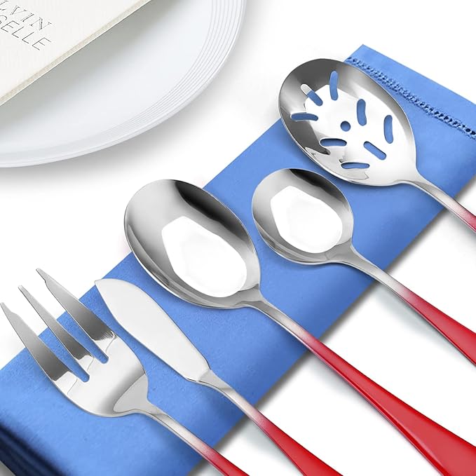 Bysta Serving Utensils Set, Gradient Red 5-Piece Hostess Set, Stainless Steel Silverware Flatware Cutlery Serving Set, Mirror Finish, Dishwasher Safe