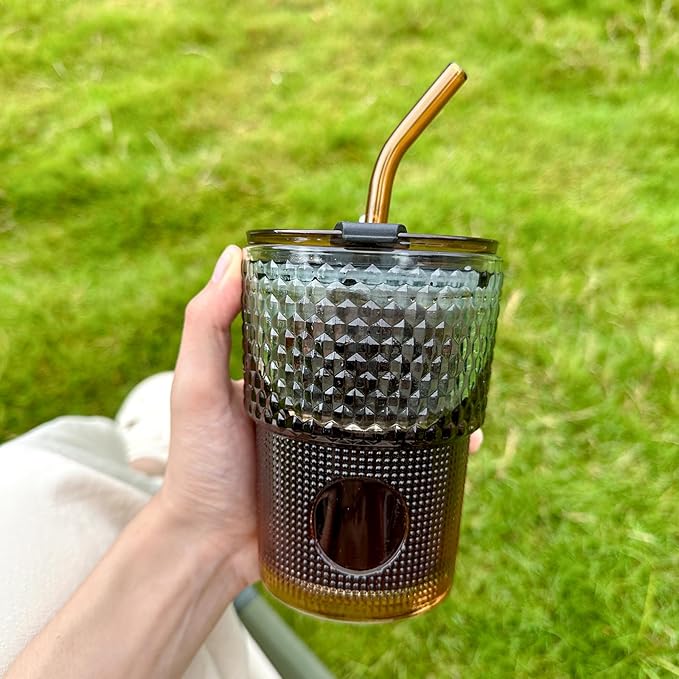 BLUEPOLAR 13 oz Tumbler Water Glass, Water Bottle with Straw and Dustproof Lid, Coffee Ice Cup Double Wall Insulated Glass Cup (Amber-Ribbed)