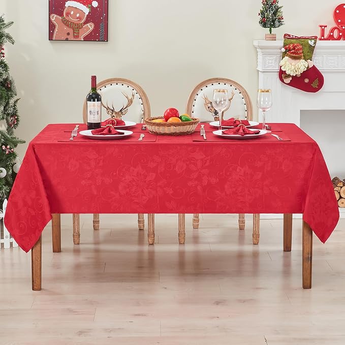 Rectangle Christmas Jacquard Table Cloth Waterproof Elegant Damask Floral Pattern Heavy Weight Wipeable Wrinkle Free Fabric Table Covers for Dinner or Daily Uses(Dark Red/60x104 Inch)