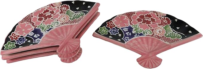 Ebros Pack Of 4 Colorful Oriental Folding Fan Shaped Appetizer Sushi Dessert Serving Dish Plates Decorative Asian Themed Artistic Dinner Lunch Serveware Plate Set (Pink Floral Garden Blooms)