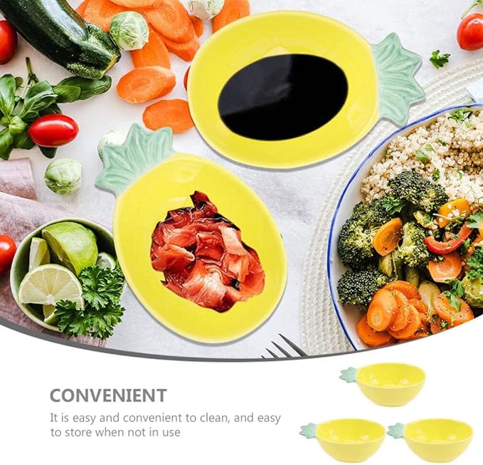 Kichvoe 3pcs Pineapple Plates Ceramic Soy Sauce Dishes Decorative Dessert Bowls Appetizer Plates for Hawaiian Tropical Luau Party Decors Yellow