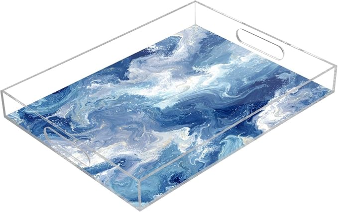 Serving Tray with Handles Clear Acrylic Tray 12x16 Inch Decorative Rectangular Tray Organizer for Ottoman Coffee Table Bathroom Blue Swirling Fluid