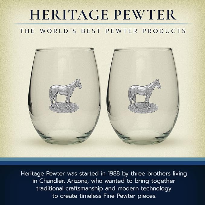 Heritage Pewter Racehorse Stemless Glass Goblets – Set of 2 | 15 OZ Goblet Wine Glasses | Expertly Crafted Pewter Glass