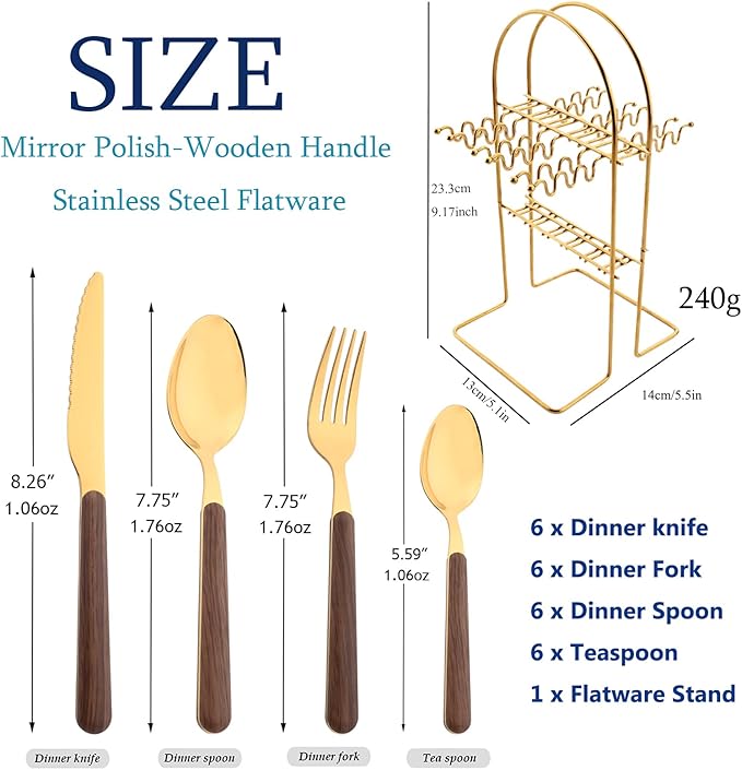 24 Pieces Mirror Gold Flatware Set With A Cutlery Stand, Hanging Silverware With Round Wooden Handle Include Knife/Fork/Spoon/Teaspoon, Service For 6