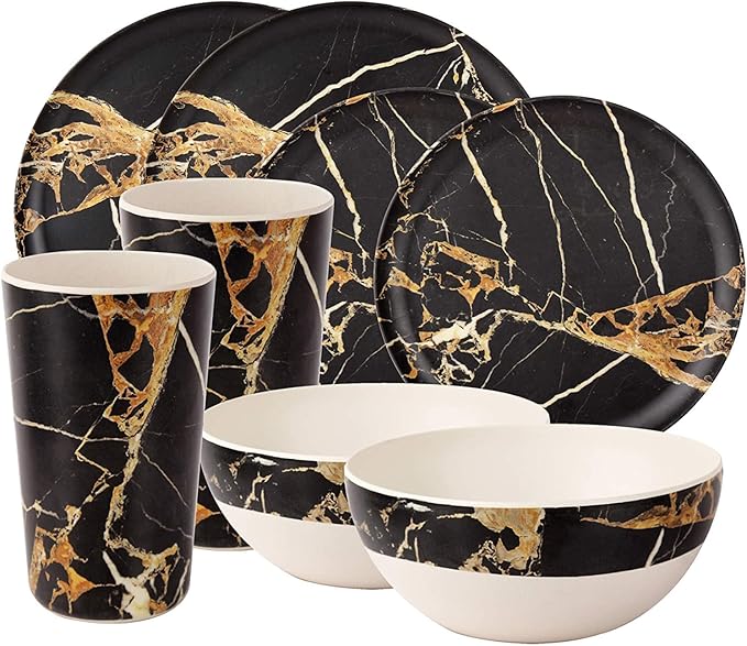 Plate and Bowl Set Porcelain Kitchen Dinnerware Set Ceramic Tableware Dinnerware Set, Service for Two,White Marble Swirl