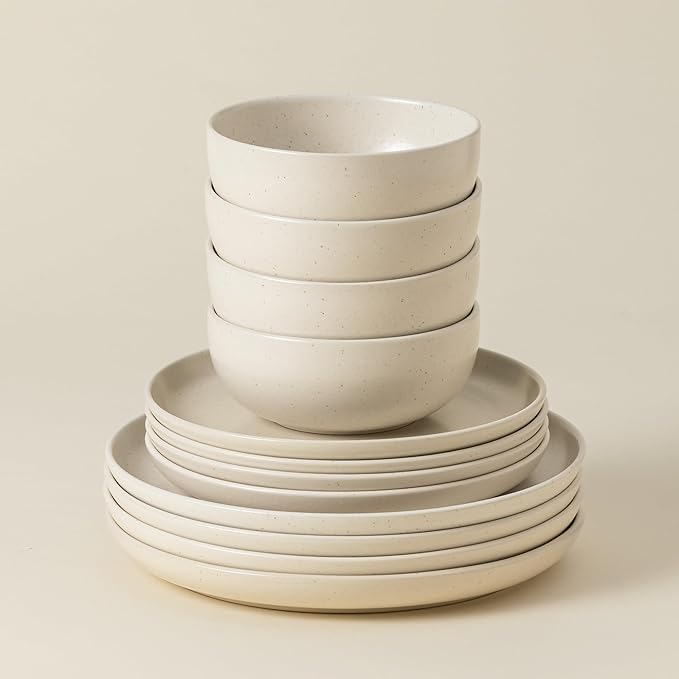 Casafina Ceramic Stoneware 12-Piece Place Setting Service for 4, Pacifica Collection, Vanilla | Microwave & Dishwasher Safe Dinnerware Set | Food Safe Glazing | Restaurant Quality Tableware
